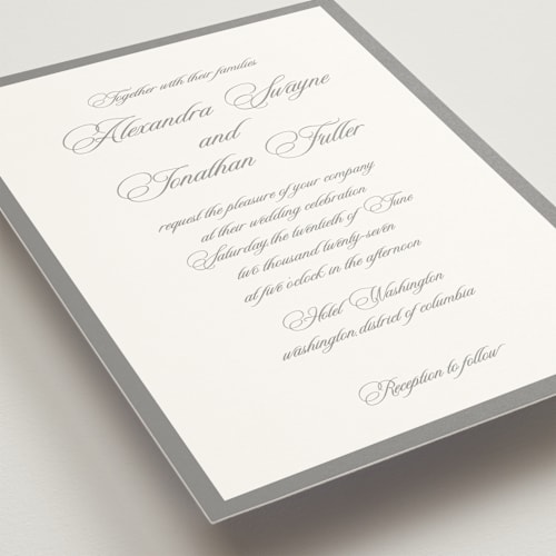 This is a pewter wedding invitations with standard by That Girl Press called black tie printing on signature in standard