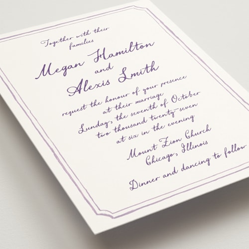 This is a lavender wedding invitations with standard by Cass Loh called handwritten printing on signature in standard