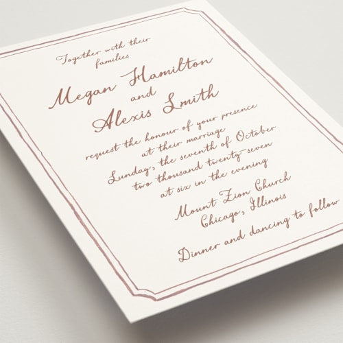 This is a rosewood wedding invitations with standard by Cass Loh called handwritten printing on signature in standard