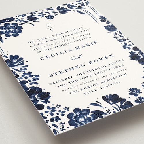 This is a indigo wedding invitations with standard by Angela Marzuki called brushstrokes in bloom printing on signature in standard