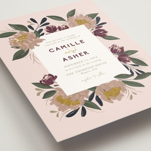 This is a blush wedding invitations with standard by Cindy Reynolds called wild peonies printing on signature in standard