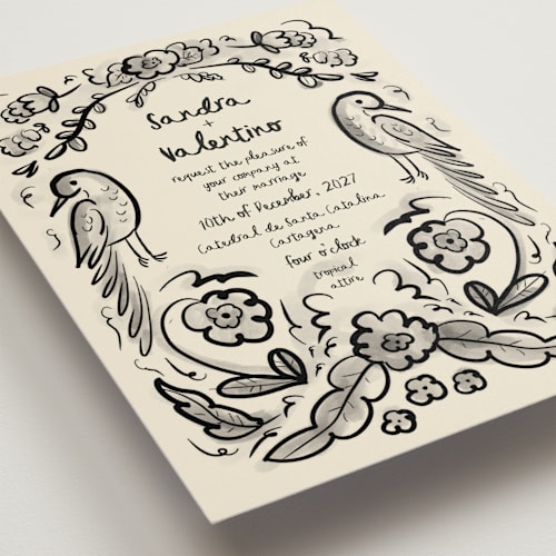 This is a ink wash wedding invitations with standard by Ani Somi called santa catalina printing on signature in standard