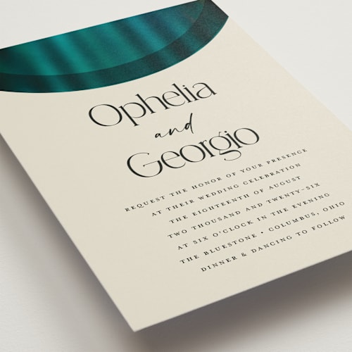 This is a teal wedding invitations with standard by Heather Schertzer called spectrum printing on signature in standard