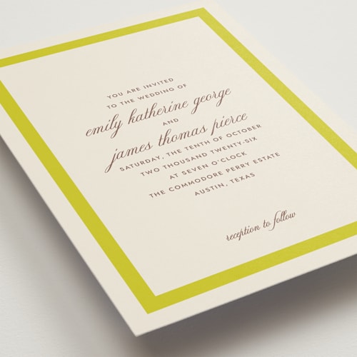 This is a citrus wedding invitations with standard by Megan Davis called montauk printing on signature in standard