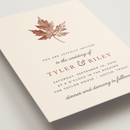 This is a rust wedding invitations with standard by Katharine Watson called leaf print printing on signature in standard