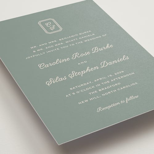 This is a sage wedding invitations with standard by Carolyn MacLaren called bevel monogram printing on signature in standard