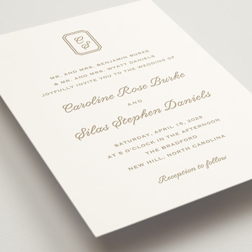 This is a champagne wedding invitations with standard by Carolyn MacLaren called bevel monogram printing on signature in standard