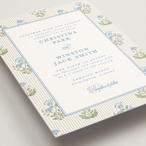 This is a powder wedding invitations with standard by Creo Study called patterned florals printing on signature in standard
