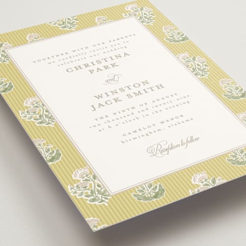 This is a chartruese wedding invitations with standard by Creo Study called patterned florals printing on signature in standard