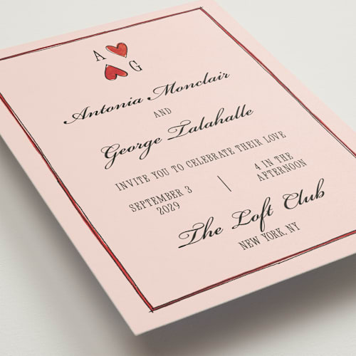 This is a bubblegum wedding invitations with standard by Pati Cascino called two hearts printing on signature in standard