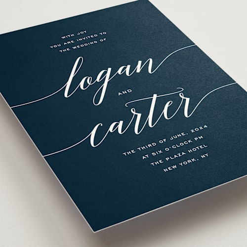 This is a navy wedding invitations with standard by Design Lotus called someone like you printing on signature in standard