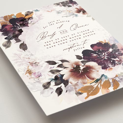 This is a autumn wedding invitations with standard by Phrosné Barwood called lush bouquet printing on signature in standard