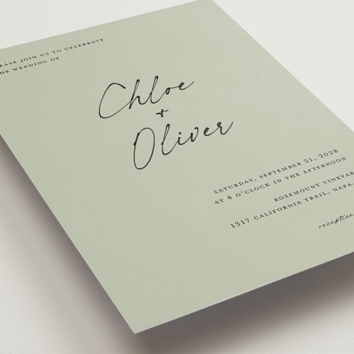 This is a celadon wedding invitations with standard by Pippa Shaw called modern classic printing on signature in standard