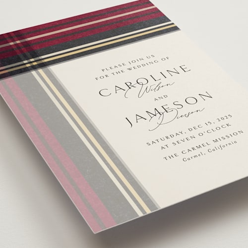 This is a cranberry wedding invitations with standard by Erin Deegan called holiday tartan printing on signature in standard