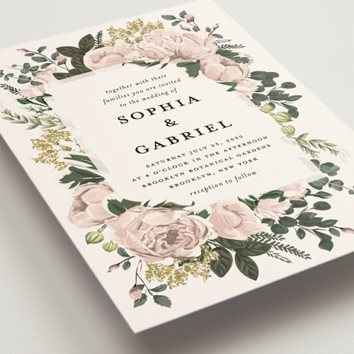 This is a blush wedding invitations with standard by Susan Moyal called peonies forever printing on signature in standard
