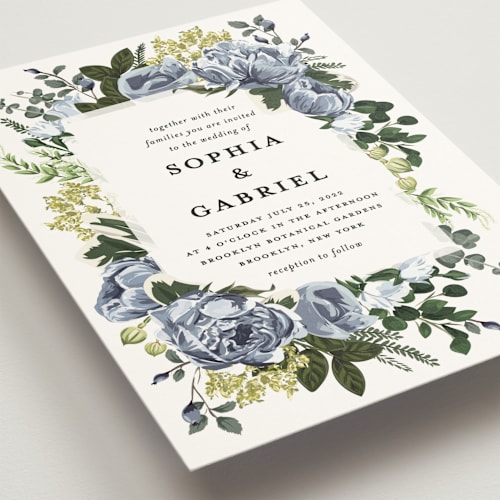 This is a sapphire wedding invitations with standard by Susan Moyal called peonies forever printing on signature in standard