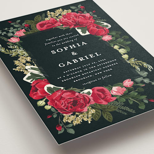 This is a crimson wedding invitations with standard by Susan Moyal called peonies forever printing on signature in standard