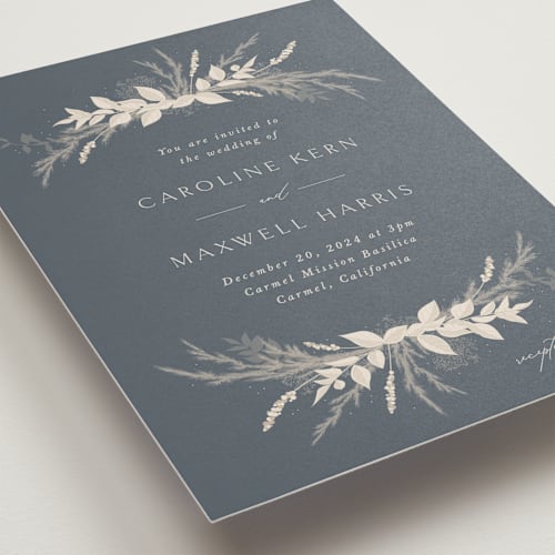 This is a slate wedding invitations with standard by Erin Deegan called winter white botanicals printing on signature in standard
