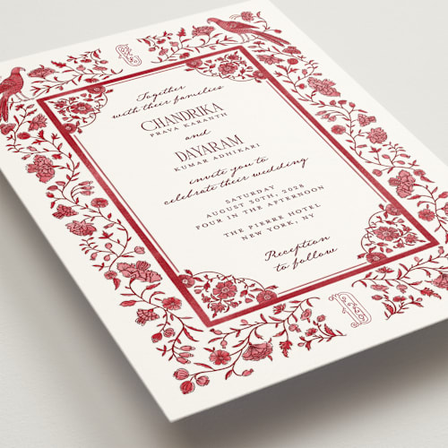 This is a pomegranate wedding invitations with standard by Jenna Holcomb called tapestry printing on signature in standard