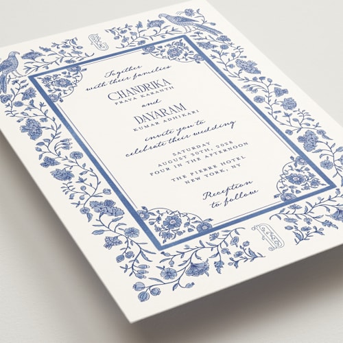 This is a cobalt wedding invitations with standard by Jenna Holcomb called tapestry printing on signature in standard