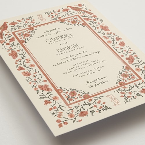 This is a terracotta wedding invitations with standard by Jenna Holcomb called tapestry printing on signature in standard