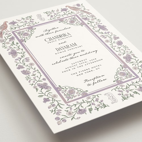 This is a lilac wedding invitations with standard by Jenna Holcomb called tapestry printing on signature in standard