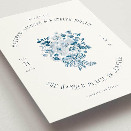 This is a pacific blue wedding invitations with standard by Itsy Belle Studio called ruban en fleur printing on signature in standard