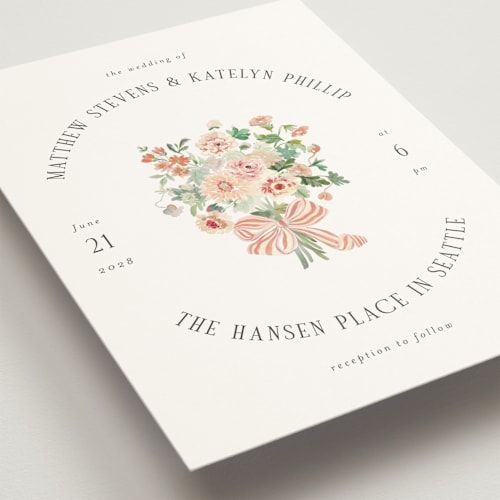 This is a peach wedding invitations with standard by Itsy Belle Studio called ruban en fleur printing on signature in standard
