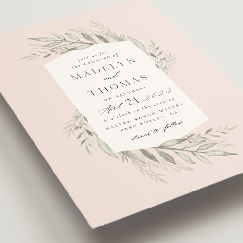 This is a blush wedding invitations with standard by Carolyn Nicks called sweeping printing on signature in standard