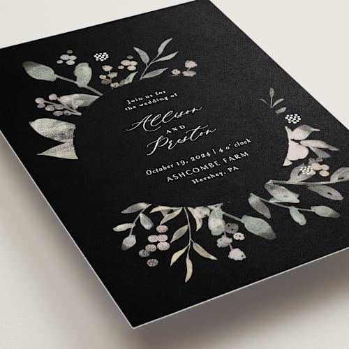 This is a noir wedding invitations with standard by Jennifer Wick called enchanted fields printing on signature in standard