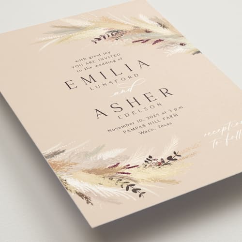 This is a sand wedding invitations with standard by Kaydi Bishop called bohemian pampas printing on signature in standard