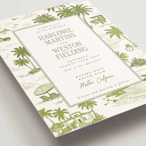 This is a palm wedding invitations with standard by Jenna Holcomb called beachtoile printing on signature in standard
