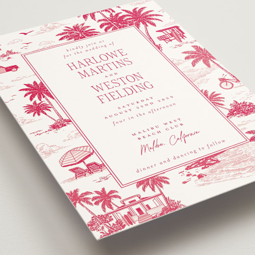 This is a fuchsia wedding invitations with standard by Jenna Holcomb called beachtoile printing on signature in standard