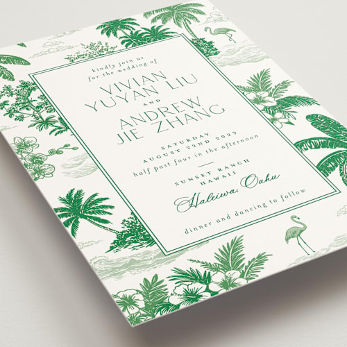 This is a jade wedding invitations with standard by Jenna Holcomb called tropical toile printing on signature in standard