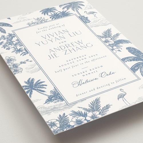 This is a sea wedding invitations with standard by Jenna Holcomb called tropical toile printing on signature in standard