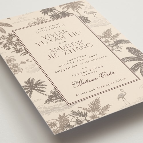 This is a sand wedding invitations with standard by Jenna Holcomb called tropical toile printing on signature in standard