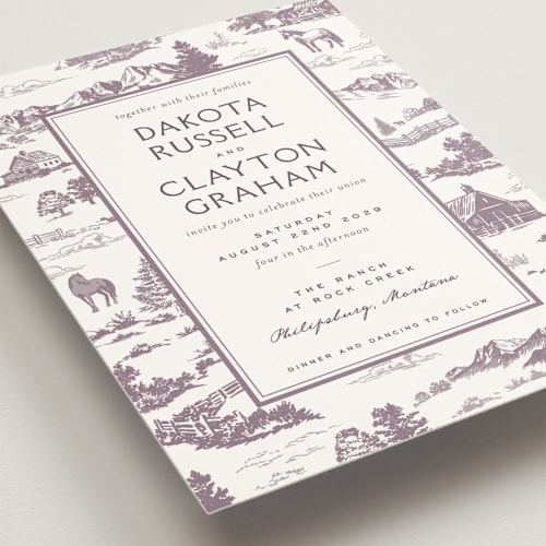 This is a mauve wedding invitations with standard by Jenna Holcomb called mountain ranch toile printing on signature in standard