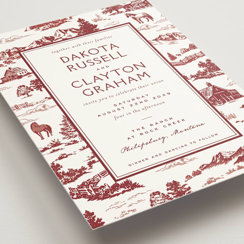 This is a barn wedding invitations with standard by Jenna Holcomb called mountain ranch toile printing on signature in standard