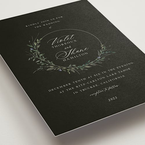 This is a cerulean wedding invitations with standard by Lori Wemple called green wreath printing on signature in standard