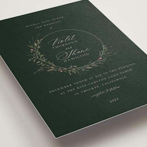 This is a forest wedding invitations with standard by Lori Wemple called green wreath printing on signature in standard