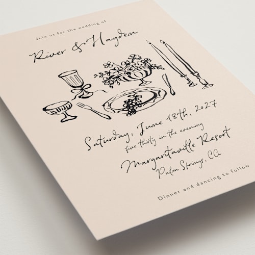 This is a black dahlia wedding invitations with standard by Cass Loh called tablescape drawing printing on signature in standard