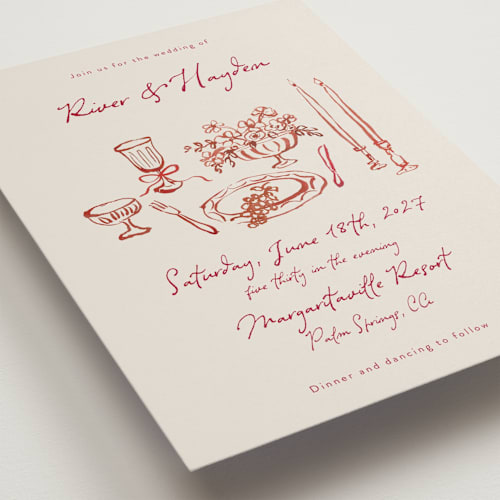 This is a wine wedding invitations with standard by Cass Loh called tablescape drawing printing on signature in standard