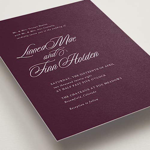 This is a vitner plum wedding invitations with standard by Cindy Reynolds called sophistique printing on signature in standard