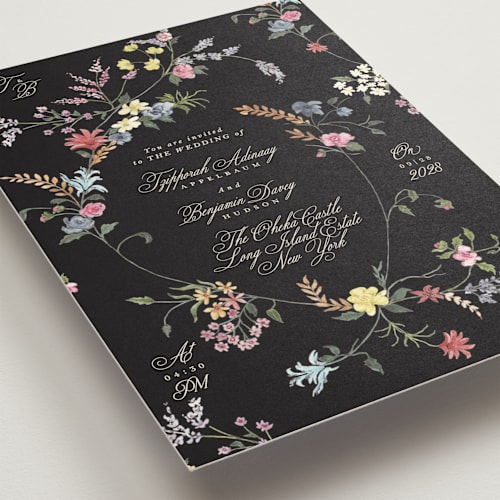 This is a midnight park wedding invitations with standard by Phrosné Barwood called whimsey floral printing on signature in standard