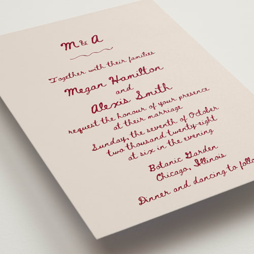 This is a wine wedding invitations with standard by Cass Loh called simple monogram printing on signature in standard