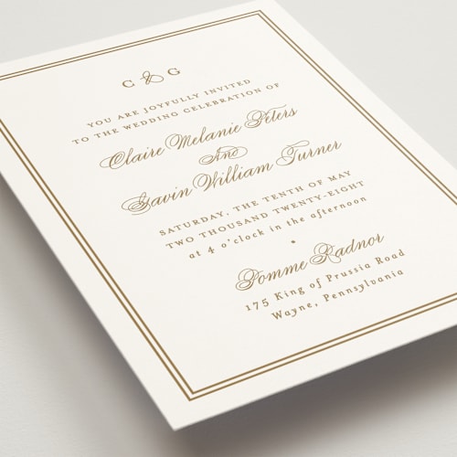 This is a champagne wedding invitations with standard by Carolyn MacLaren called timeless together printing on signature in standard