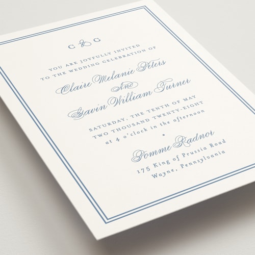 This is a french blue wedding invitations with standard by Carolyn MacLaren called timeless together printing on signature in standard