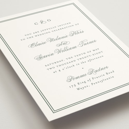 This is a sage wedding invitations with standard by Carolyn MacLaren called timeless together printing on signature in standard