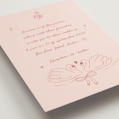 This is a ruby wedding invitations with standard by Helena Vitto called the swan printing on signature in standard