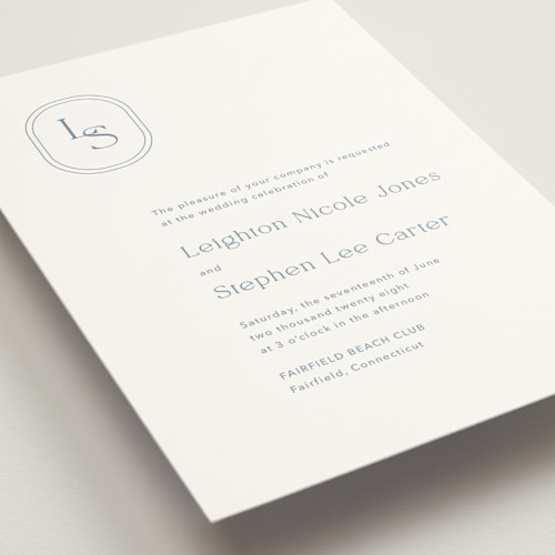 This is a lakeshore blue wedding invitations with standard by Jennifer Postorino called leighton printing on signature in standard